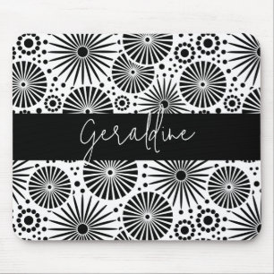 Modern black white geometric starburst Name Mouse Pad