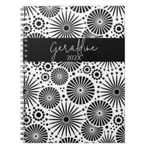 Modern black white geometric starburst Name  Notebook