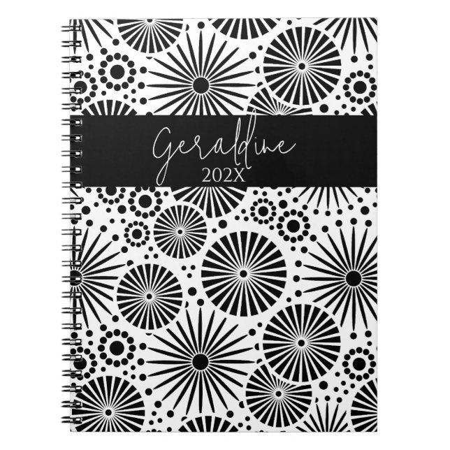 Modern black white geometric starburst Name  Notebook (Front)
