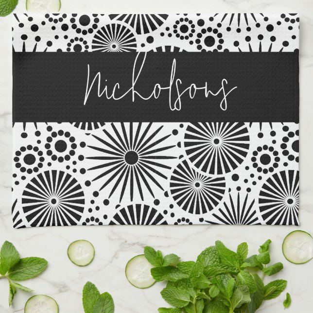 Modern black white geometric starburst Name  Tea Towel (Folded)