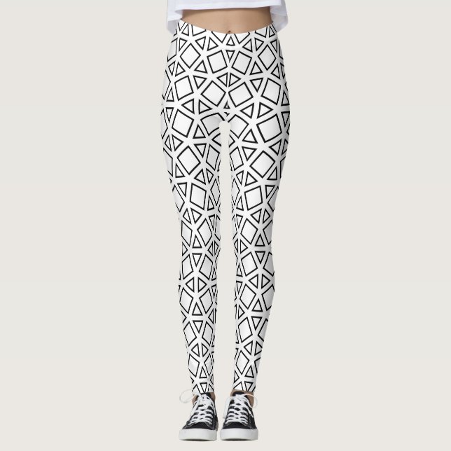 Modern Black & White Geometric Triangle Pattern Leggings (Front)
