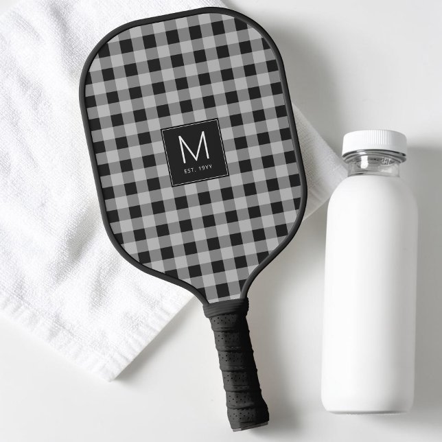 Modern Black & White Gingham Monogram Established Pickleball Paddle (Modern Black & White Gingham Monogram Established Pickleball Paddle)