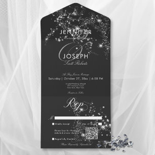 Modern Black & White Glam Diamonds QR Code All In One Invitation