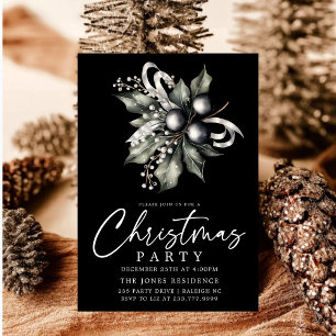 Modern Black & White Gold Christmas Wreath Party Invitation