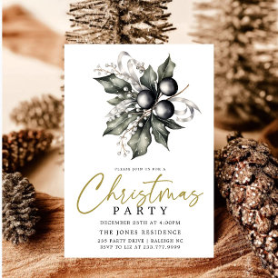Modern Black & White Gold Christmas Wreath Party Invitation