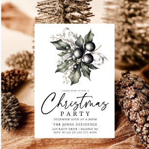 Modern Black & White Gold Christmas Wreath Party Invitation