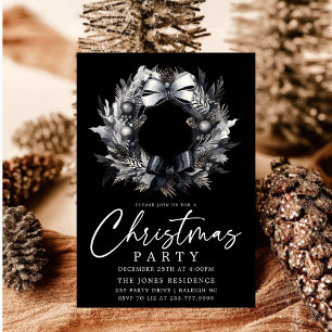 Modern Black & White Gold Christmas Wreath Party Invitation