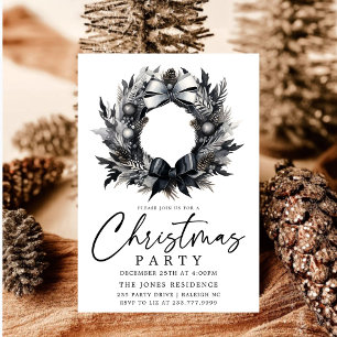Modern Black & White Gold Christmas Wreath Party Invitation