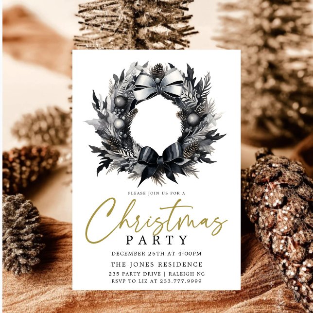 Modern Black & White Gold Christmas Wreath Party Invitation (Creator Uploaded)