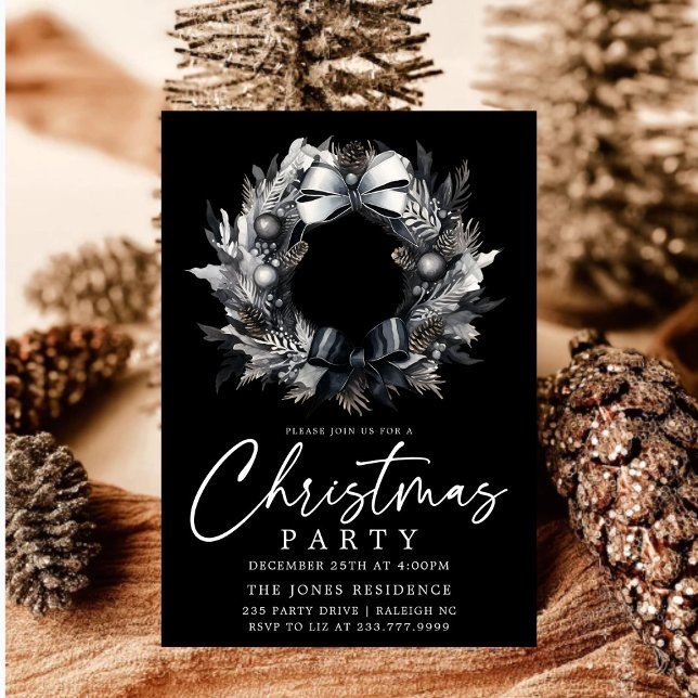 Modern Black & White Gold Christmas Wreath Party Invitation (Creator Uploaded)