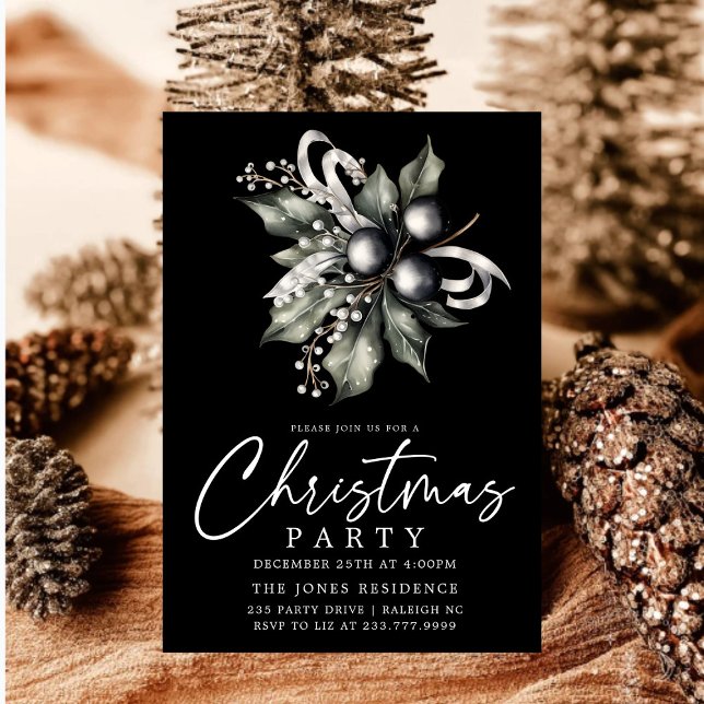 Modern Black & White Gold Christmas Wreath Party Invitation (Creator Uploaded)
