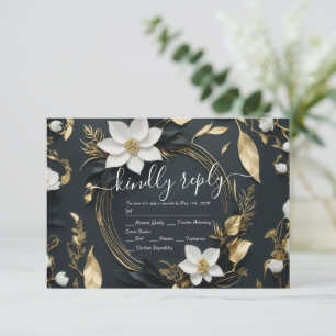 Modern Black White Gold Floral Wreath Wedding RSVP