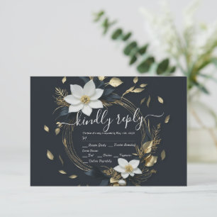 Modern Black White Gold Floral Wreath Wedding RSVP Card