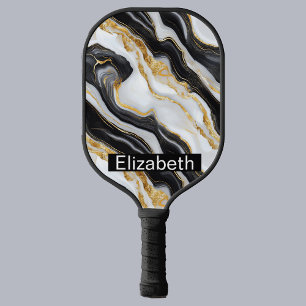 Modern Black White Gold Marble Personalised Pickleball Paddle