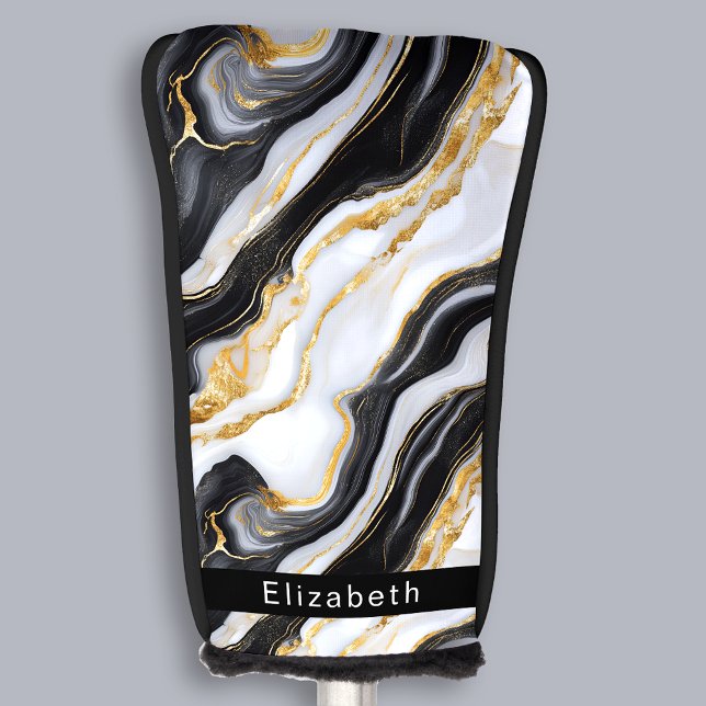 Modern Black White Gold Marble Personalized Golf Head Cover (Creator Uploaded)