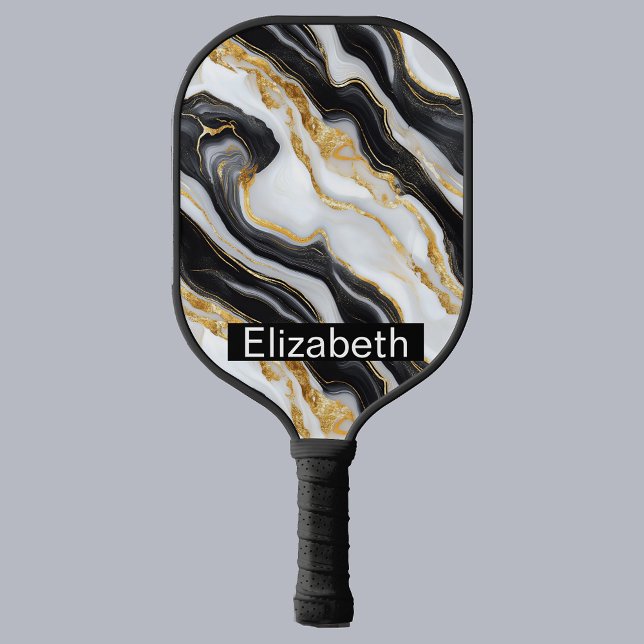 Modern Black White Gold Marble Personalized Pickleball Paddle (Creator Uploaded)
