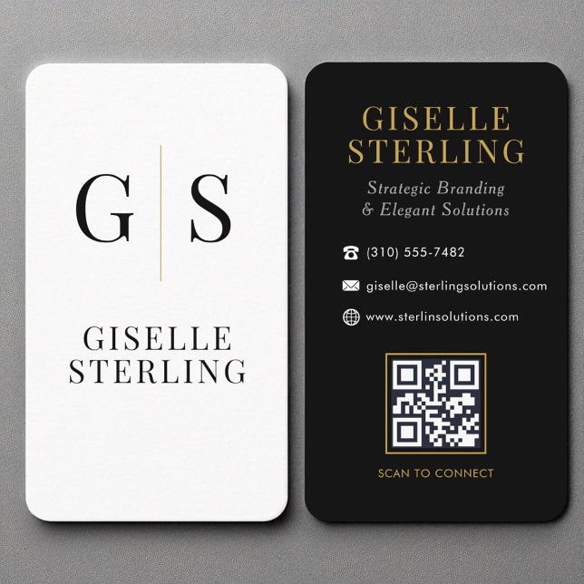 Modern Black White Gold Monogram QR Code Business Card (Creator Uploaded)