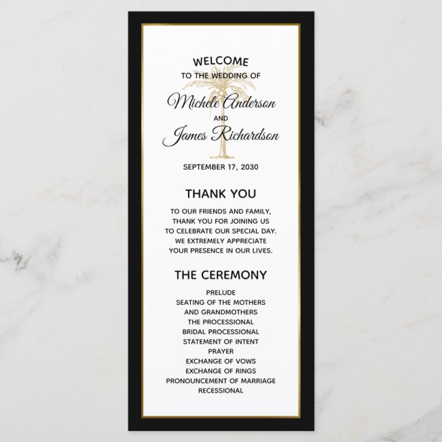 Modern Black White Gold Palm Tree Tropical Wedding Programme (Front)