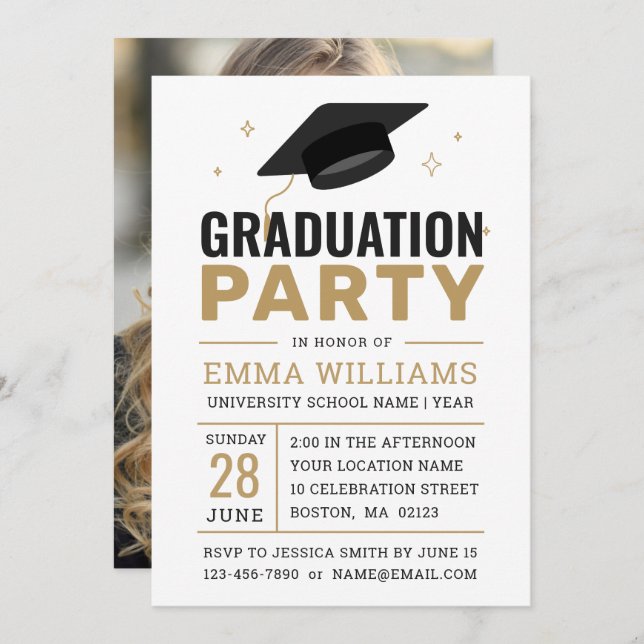Modern Black White Gold Photo Graduation Party Invitation (Front/Back)