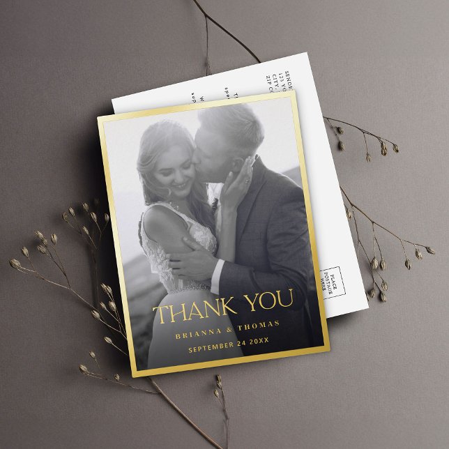 Modern Black White Gold Photo Wedding Thank You Foil Invitation Postcard (Creator Uploaded)