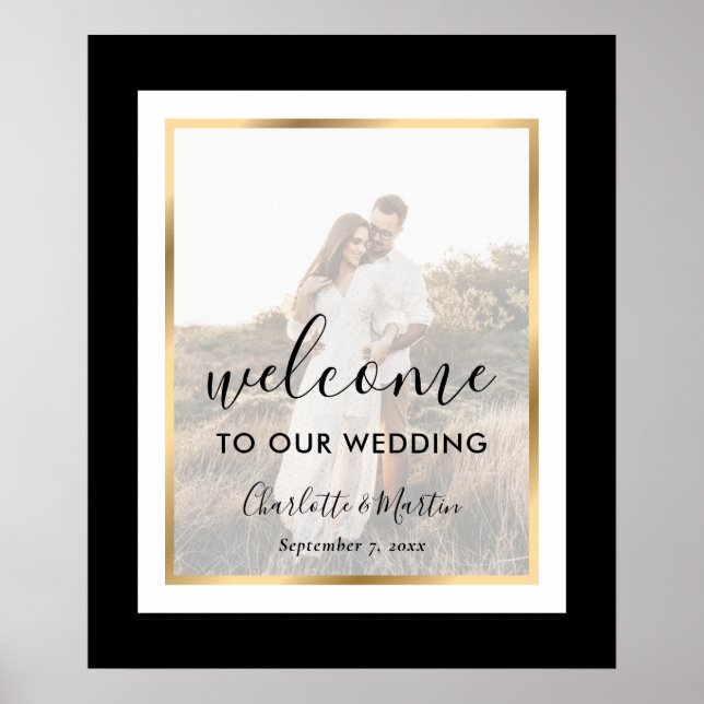Modern Black White Gold Photo Wedding Welcome Sign (Front)