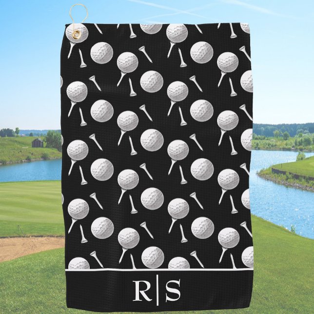 Modern Black White Golf Balls Custom Monogrammed  Towel (Creator Uploaded)