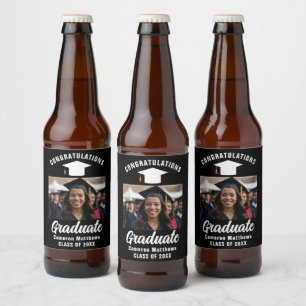 Modern Black White Graduate Photo Graduation Party Beer Bottle Label