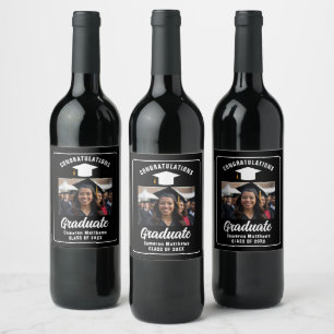 Modern Black White Graduate Photo Graduation Party Wine Label
