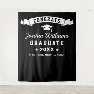 Modern Black White Graduation Party Photo Backdrop Tapestry