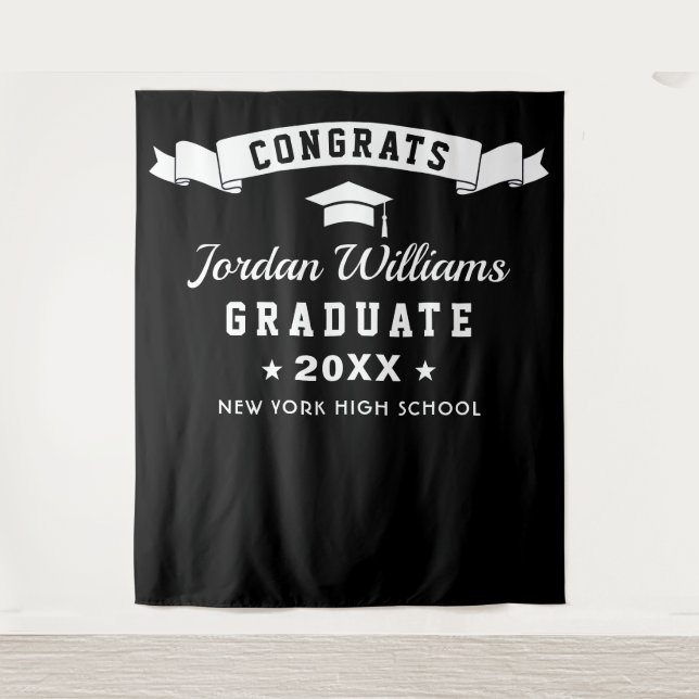 Modern Black White Graduation Party Photo Backdrop Tapestry (Front)