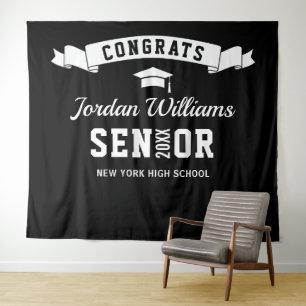 Modern Black White Graduation Party Photo Backdrop Tapestry