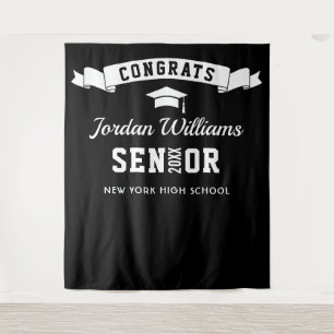 Modern Black White Graduation Party Photo Backdrop Tapestry