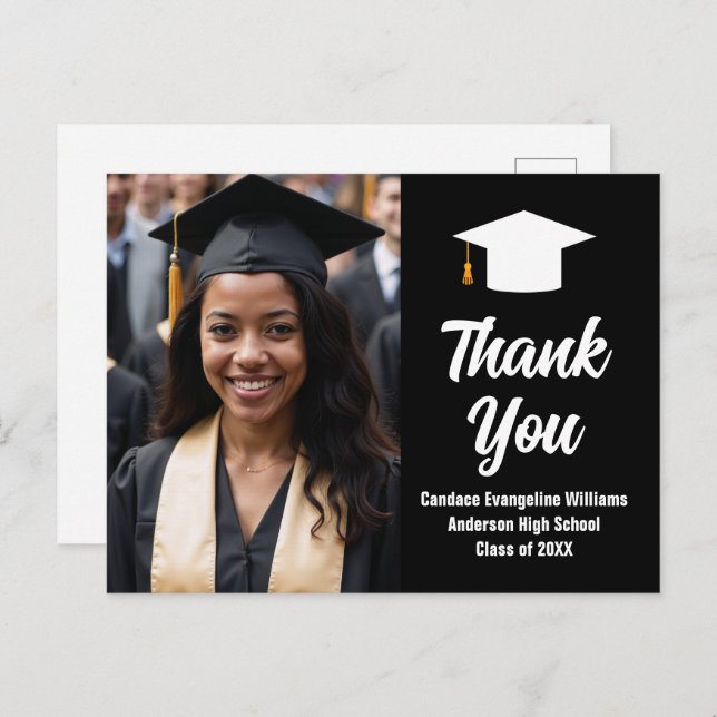 Modern Black White Graduation Photo Thank You Postcard (Front/Back)