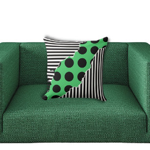 Modern Black, White & Green Layered Stripes Dots Cushion