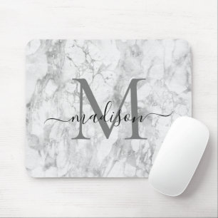 Modern Black White Grey Marble Monogram Script Mouse Pad