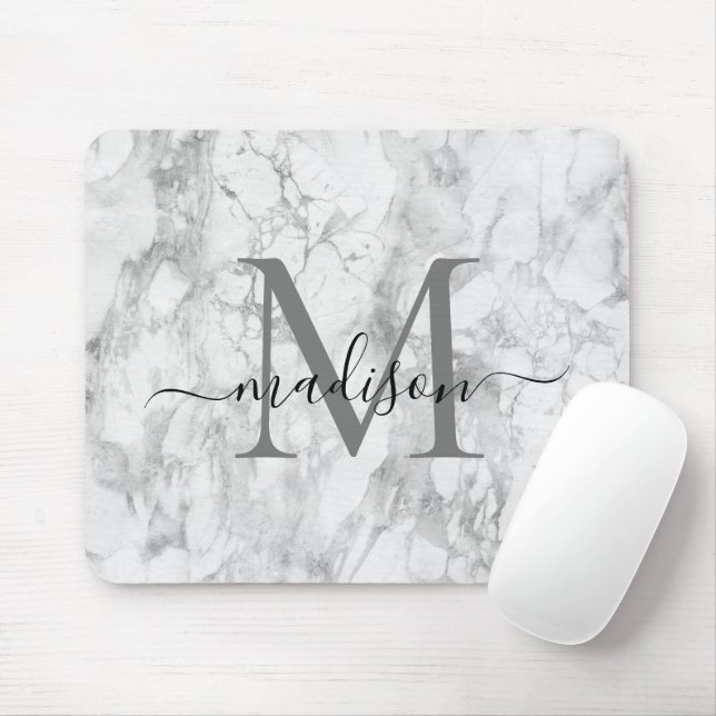 Modern Black White Grey Marble Monogram Script Mouse Pad (With Mouse)