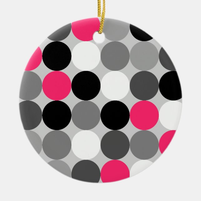 Modern Black White Grey Pink Geometric Polka Dots Ceramic Tree Decoration (Front)