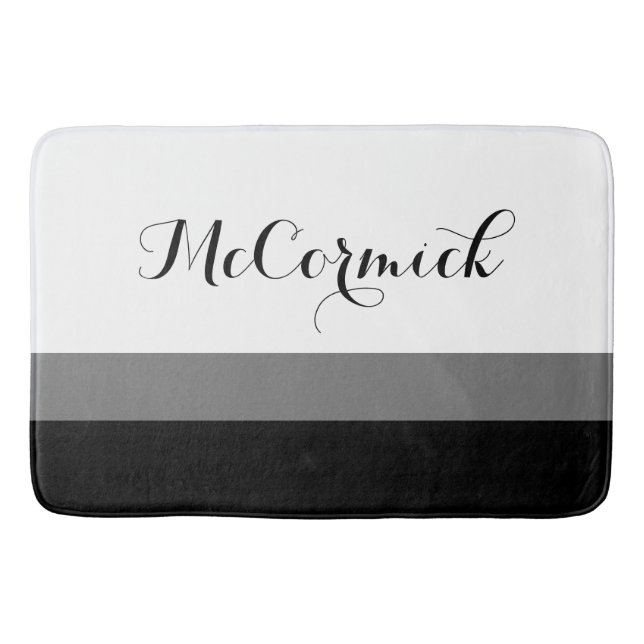 Modern Black White Grey Striped Monogram Script Bath Mat (Front)