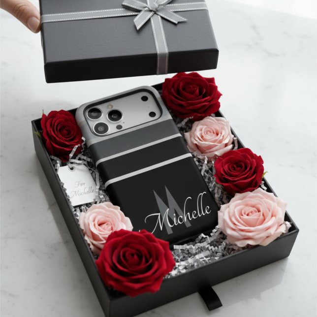 Modern Black White Grey Stripes Custom Monogram (Creator Uploaded)