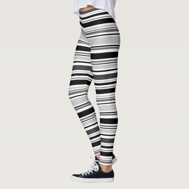 Modern Black White Grey Stripes Pattern Leggings (Left)