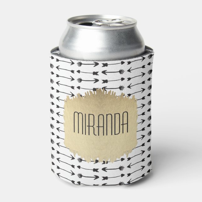 Modern Black & White Hand Drawn Arrows Monogram Can Cooler (Can Front)