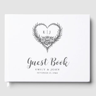 Modern Black White Hand Drawn Floral Heart Wedding Guest Book