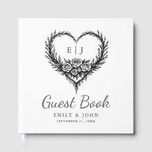 Modern Black White Hand Drawn Floral Heart Wedding Guest Book