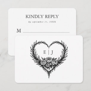 Modern Black White Hand drawn Floral Heart Wedding RSVP Card