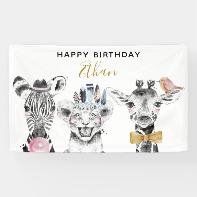 Modern Black & White Hand Drawn Safari Birthday Banner (Horizontal)