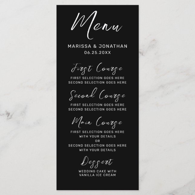 Modern Black White Hand Lettered Script Wedding Menu (Front)