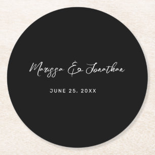 Modern Black White Hand Lettered Script Wedding Round Paper Coaster