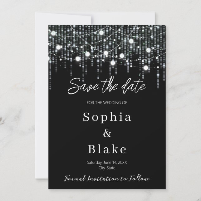 Modern Black & White Hanging Lights Save the Date  Invitation (Front)