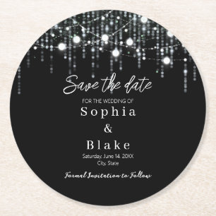 Modern Black & White Hanging Lights Save the Date Round Paper Coaster