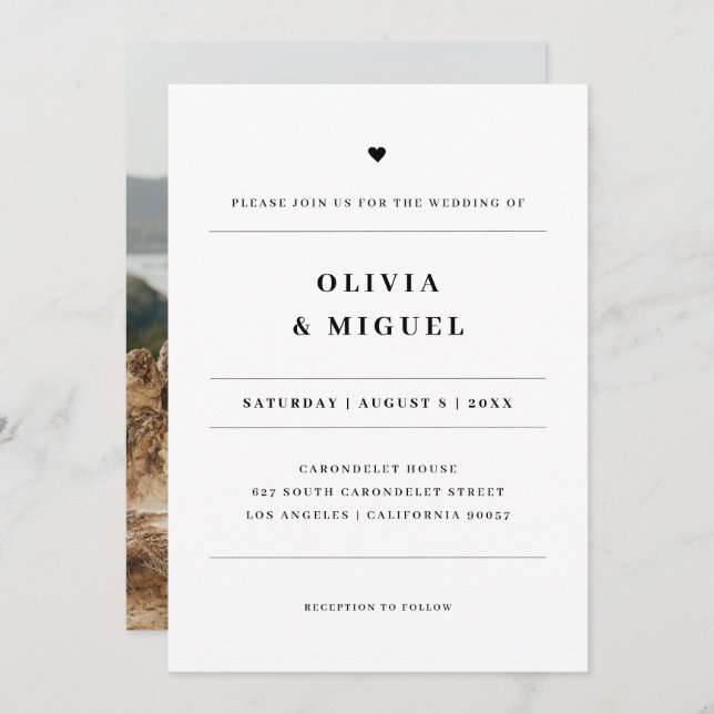 Modern Black White Heart Photo Wedding Invitation (Front/Back)